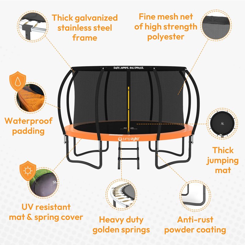 JUMPZYLLA Trampoline Outdoor 8FT 10FT 12FT 14FT 15FT 16FT with Enclosure and Ladder, ASTM Approved Recreational Trampoline for Kids and Adults, Anti-Rust Coated Frame (Orange, 15FT)