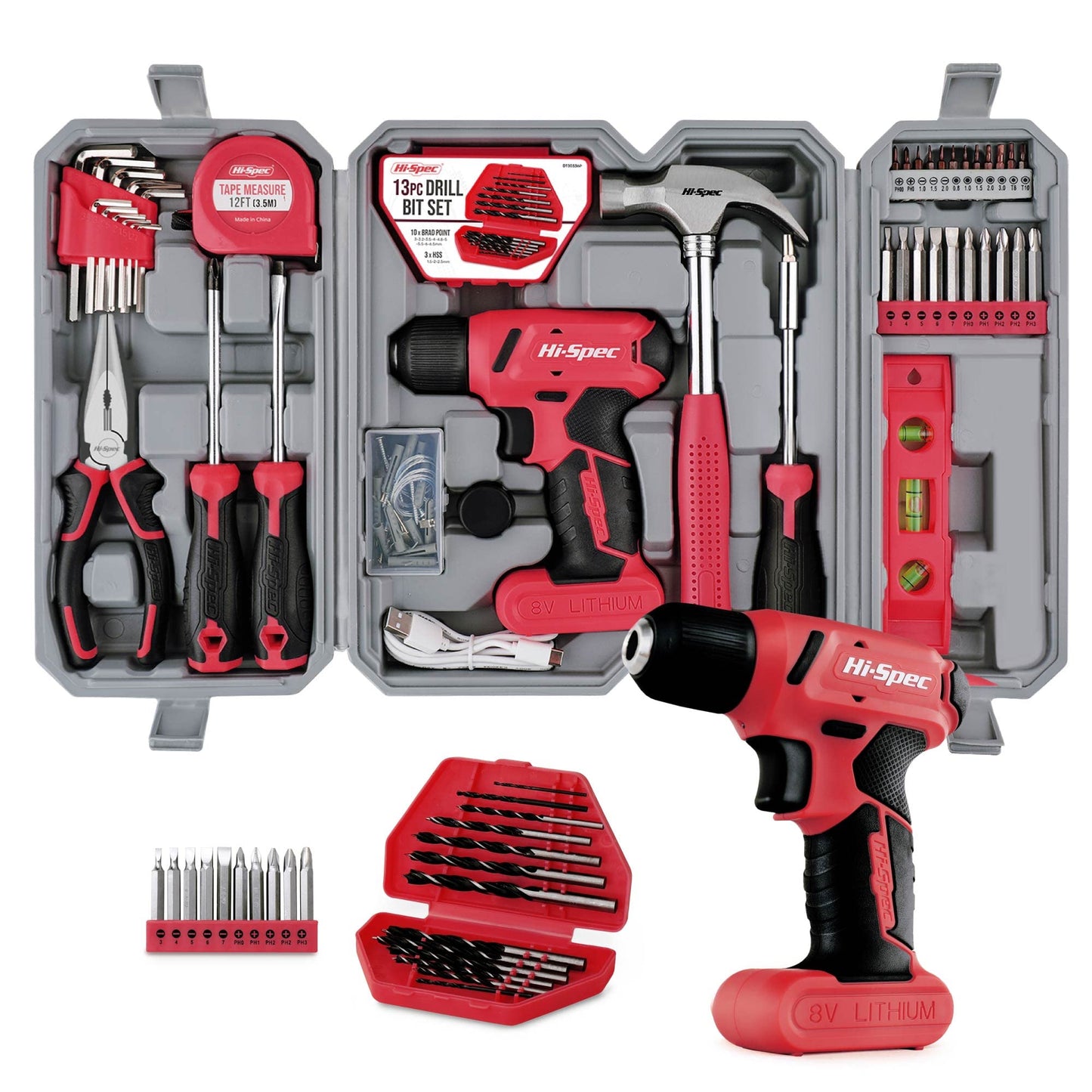 Hi-Spec 57pc Red 8V Electric Drill Set & Household Kit – DIY Hand Tools, Cordless Power Screwdriver, Essential Set with Drill Bits for Home Repairs, Maintenance & Projects