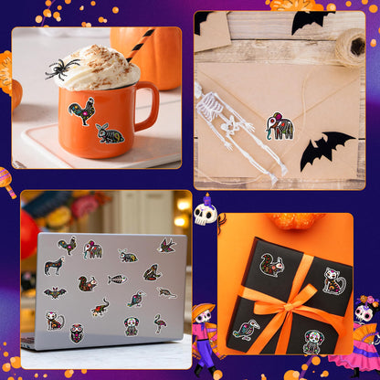 BeYumi Skeleton Animal Roll Stickers - 1000Pcs Day of The Dead Skeleton Animal Stickers in 2 Rolls Dia de Los Muertos Decals for Kids Halloween Mexican Festival Party Supplies Goodie Bags Box Decor