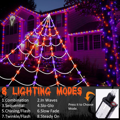 Halloween Spider Web Lights 150 LED Lighted Spider Web Giant 16.4 Ft Halloween Decorations Light up with 8 Lighting Modes Waterproof & Timer Outdoor Indoor Yard Haunted House Decor, Purple & Orange