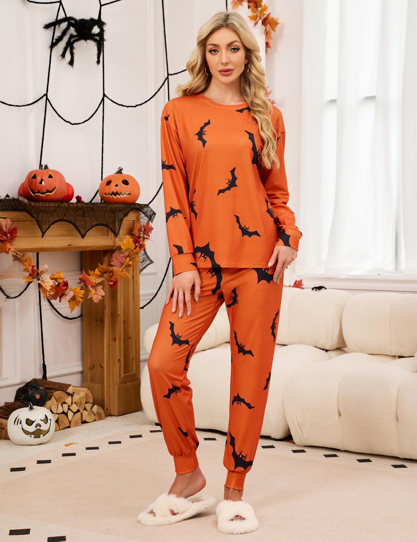 Blooming Jelly Womens Cute Pajama Sets Bat Long Sleeve Halloween Pjs Drawstring Lounge Sets 2025 (M, Orange)