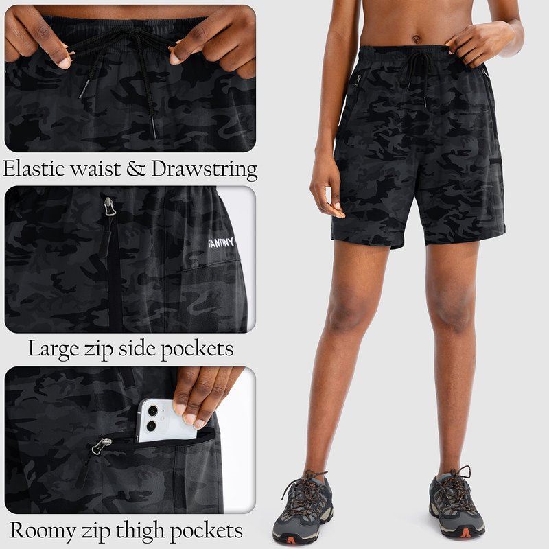 SANTINY Women's 5''/ 7'' Hiking Cargo Shorts Quick Dry Lightweight Summer Shorts for Women Athletic Golf Zipper Pockets(Grey Camo_3XL)