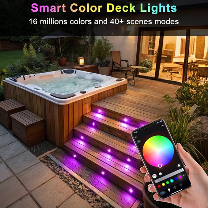 Smart LED Deck Light Kits - 10 Pack of 1.22" Low Voltage Recessed RGB Steps Lights, IP67 Waterproof Outdoor Landscape Lighting for Deck, Floors & Pathways, Compatible with Alexa & Google Assistant