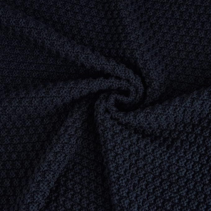 Longhui bedding Dark Navy Blue Knitted Throw Blanket for Couch, Soft, Cozy Machine Washable 100% Cotton Sofa Knit Blankets, Heavy 3.0lb Weight, 51 x 63 Inches, Dark Navy Blue Color.
