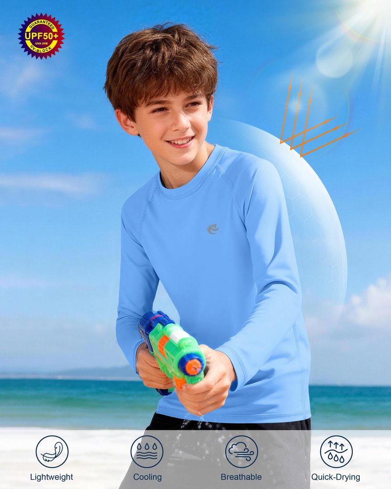Kids Fishing Sun UV Shirt, Outdoor Boys Long Sleeve Lightweight Running Swimming Rash Guard Shirts