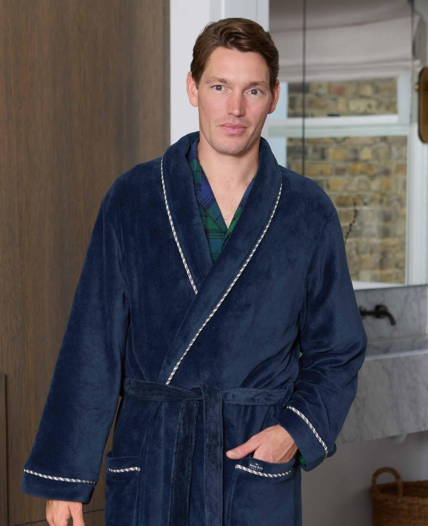 THE SAVILE ROW COMPANY LONDON Men's Lightweight Super Soft Warm Fleece Bath Robe Dressing Gown - Navy Rope Edge Plain - Large