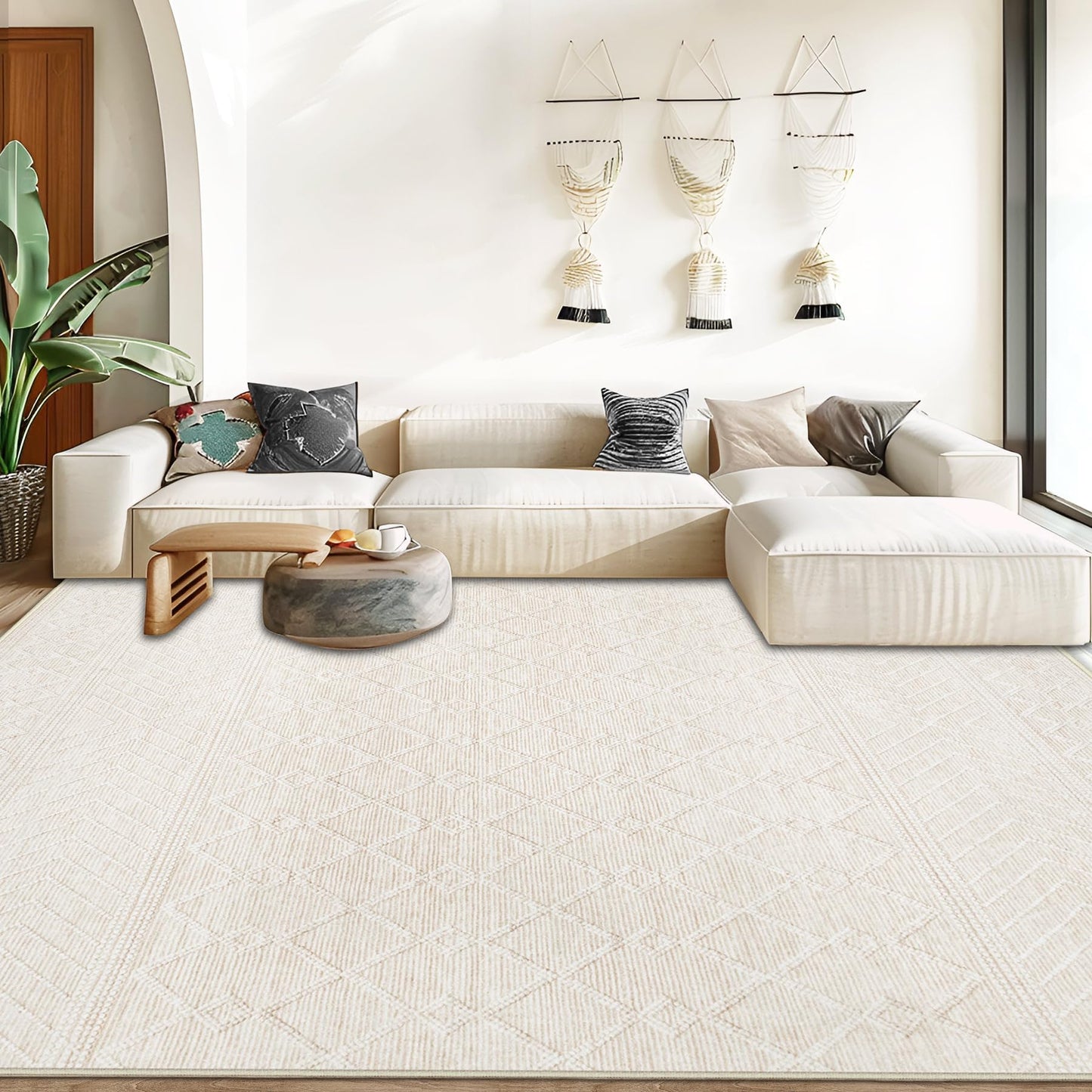 Area Rug for Living Room 9x12: Large Washable Boho Moroccan Rugs Geometric Neutral Rug, Non-Slip Foldable Morden Farmhouse Indoor Floor Carpet for Bedroom Dining Table Home(Modern Beige,9'x12')