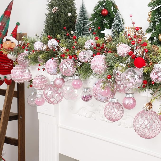 Super Holiday Christmas Ball Ornaments, 33PCS Pink Clear Shatterproof Plastic Foam Ornaments Set for Hanging Xmas Tree Holiday Thanksgiving Valentine's Day Party Decor.
