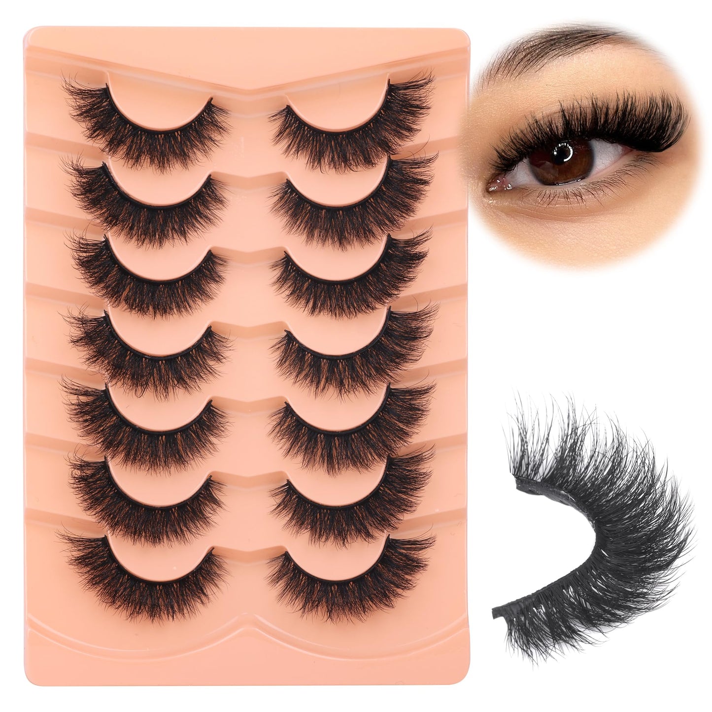 Boahankuke False Eyelashes Mink Lashes Full 18MM Cat Eye Lashes D Curvature Wispy Fake Lashes 8D Natural Strip Lashes Volume Lightweight Lashes Pack with Soft Cotton Band,7 Pairs