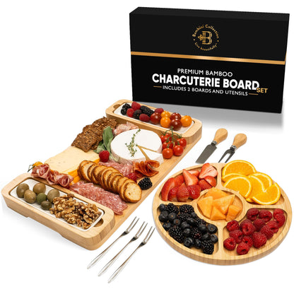 Charcuterie Board Gift Set - Bamboo Cheese Board & Serving Tray for Meat, Cheese, Crackers, Fruit - Large Wooden Charcuterie Boards for Parties - Wedding Gift, Housewarming, Gifts for Women & Couples