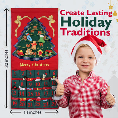 Merry Christmas Green Tree Advent Calendar by Pockets of Learning | Festive Holiday Décor, Seasonal Fabric Wall Hanging | Cloth Christmas Countdown w/ 24 Stuffed Cloth Ornaments
