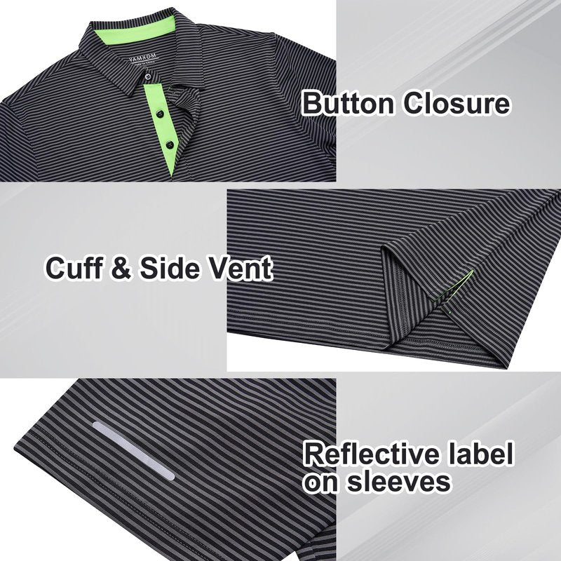 YAMXDM Men's Golf Polo Shirts - Moisture Wicking High Performance Short Sleeve Striped Collared Sports Casual Shirt