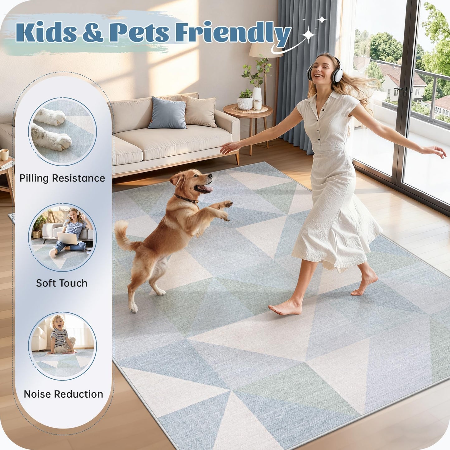 Washable Rug 8x10 Area Rugs: Modern Geometric Area Rug for Living Room Non-Slip Neutral Soft Carpet Low Pile Stain Resistant Indoor Rugs for Bedroom Nursery Dining Room Office (Light Blue, 8'X10')