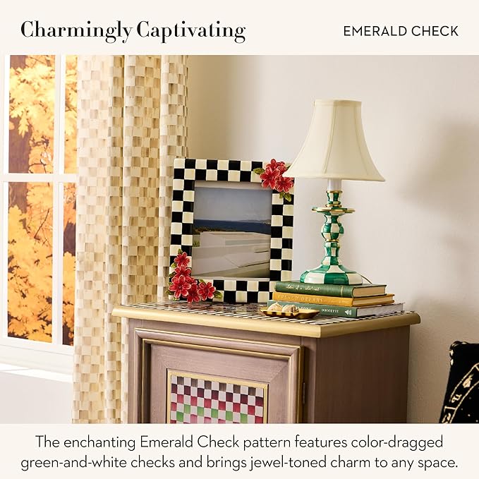 MACKENZIE-CHILDS Candlestick Lamp, Decorative Living Room and Bedroom Lamp, Green-and-White Emerald Check