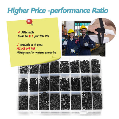 Kadrick Metric Screw Assortment, 2000PCS Metric Bolt Assortment Kit M2 M3 M4 M5 Machine Screws with Lock & Flat Washers, Grade 10.9 Alloy Steel Hex Socket Button Head Black Screws Nuts and Bolts Kit