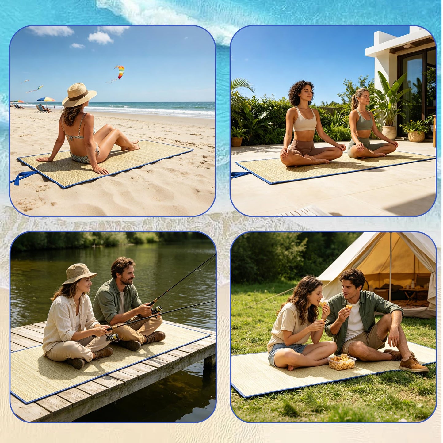 BOUTICOL 4 Pack Natural Straw Beach Mat, Multi-Purpose Non Slip Foldable Beach Mat with Trim and Portable Handle for Summer Tanning Camping Picnics Floor Yoga Festivals Outdoor Activities