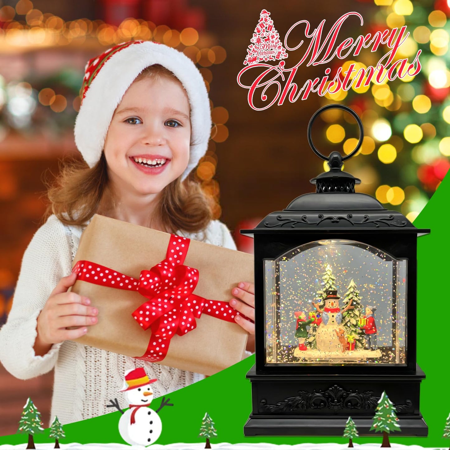 AOMIL Christmas Snow Globes Lantern with Music & Timer - USB/Battery Operated LED Glittering Globe Lantern, Snow Globe Decoration for Home Holiday Decor (Snowman)