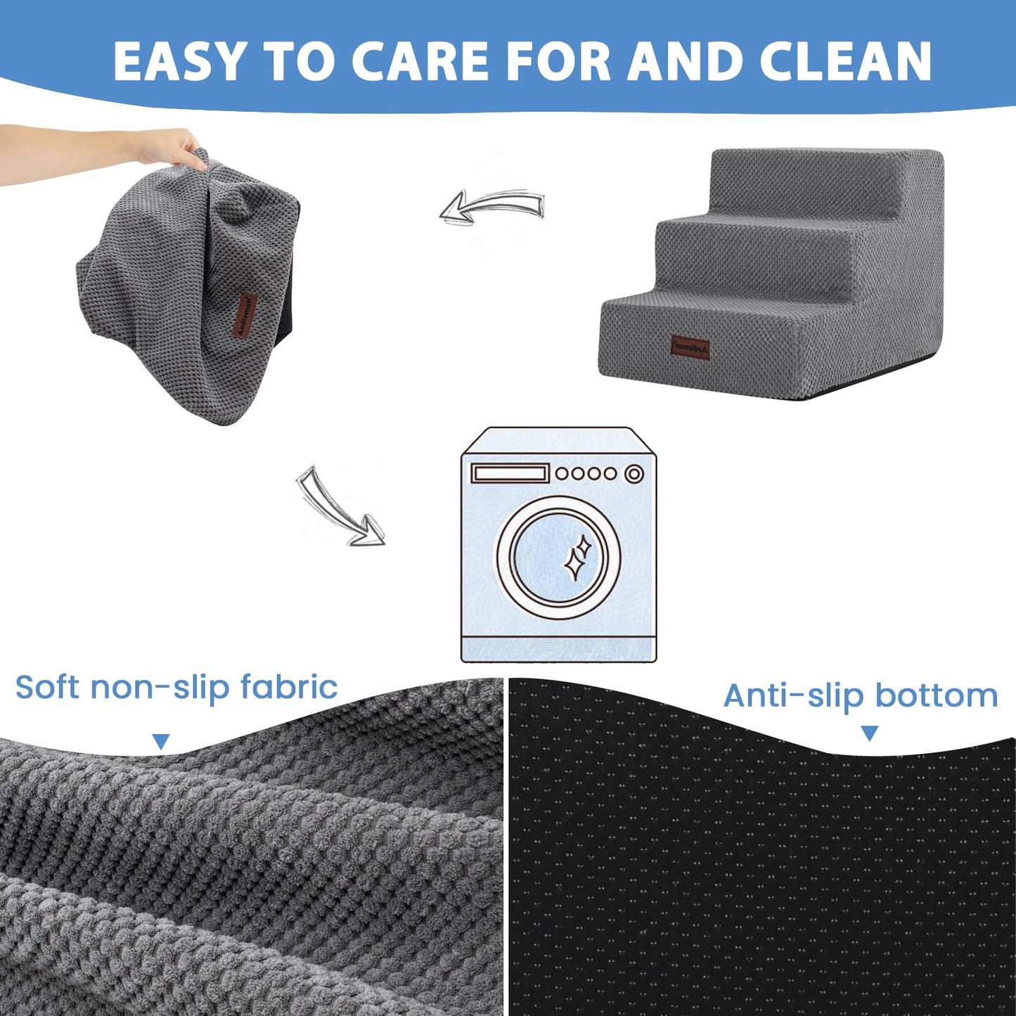 Dog Stairs for Small Dogs & Cats, 3-Step Non-Slip Pet Steps for Couch Sofa and Chair, Grey, 13.6" H