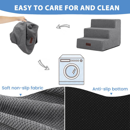 Dog Stairs for Small Dogs & Cats, 3-Step Non-Slip Pet Steps for Couch Sofa and Chair, Grey, 13.6" H