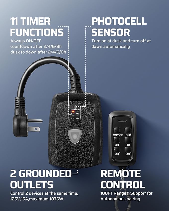 DEWENWILS Outdoor Timer Outlet Waterproof, 15A 1/2HP, 2 Grounded Outlets, 100FT Remote Control, Black, FCC Listed
