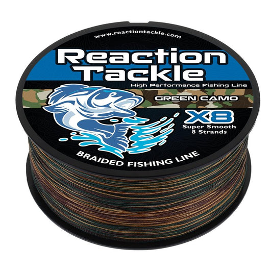Reaction Tackle Braided Fishing Line - Pro Grade Power Performance for Saltwater or Freshwater Fish - Colored Fishing Line Braid for Extra Visibility - X8 Green Camo 25 Lb (300 Yards)