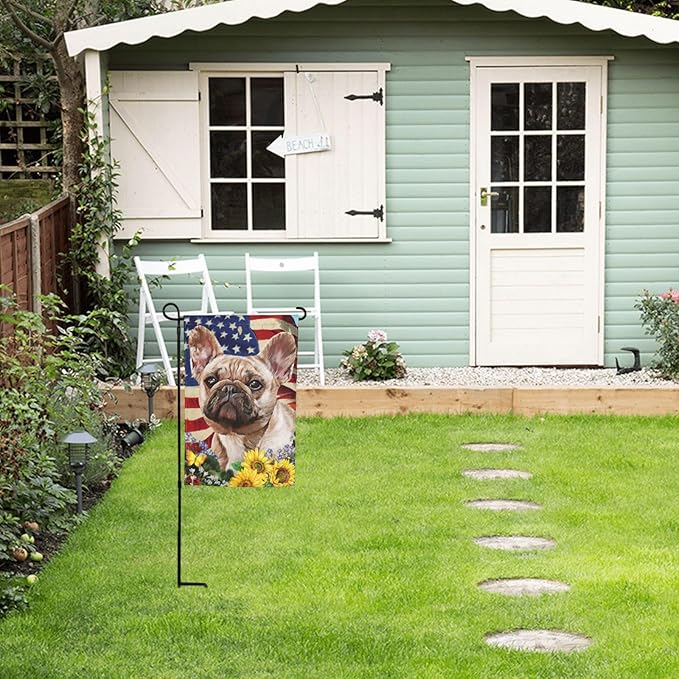 French Bulldog American Flag Patriotic Sunflower Dog Garden Flag Welcome Party Outdoor Outside Decorations Picks Home House Garden Yard Decor 12x18 Inch