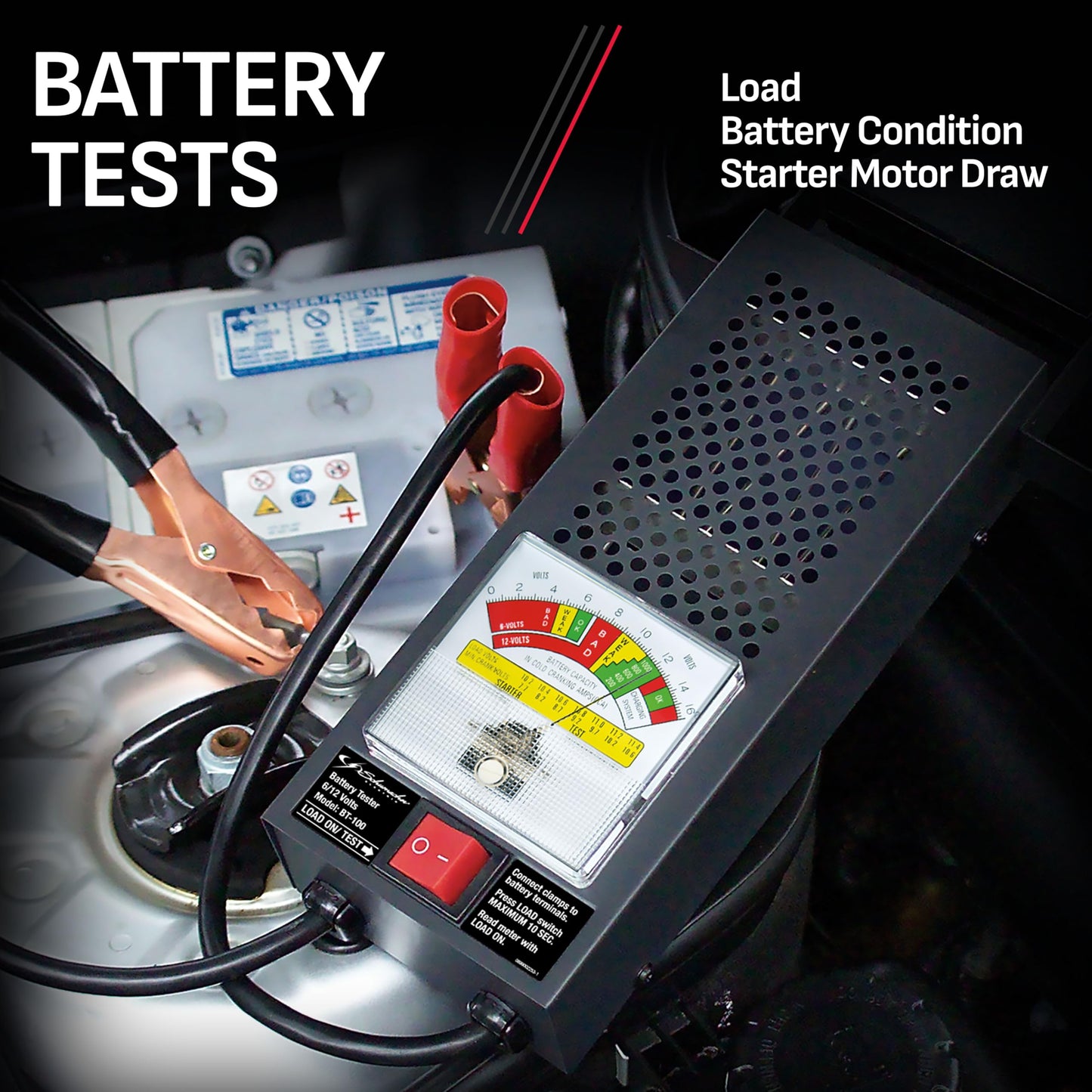 Schumacher Electric 100A Car Battery Load Tester and Voltmeter, for 6V/12V Batteries Up to 1000 Cranking Amps, Charging System Diagnosis, BT-100, for Power Sport, Automotive, and Marine Batteries