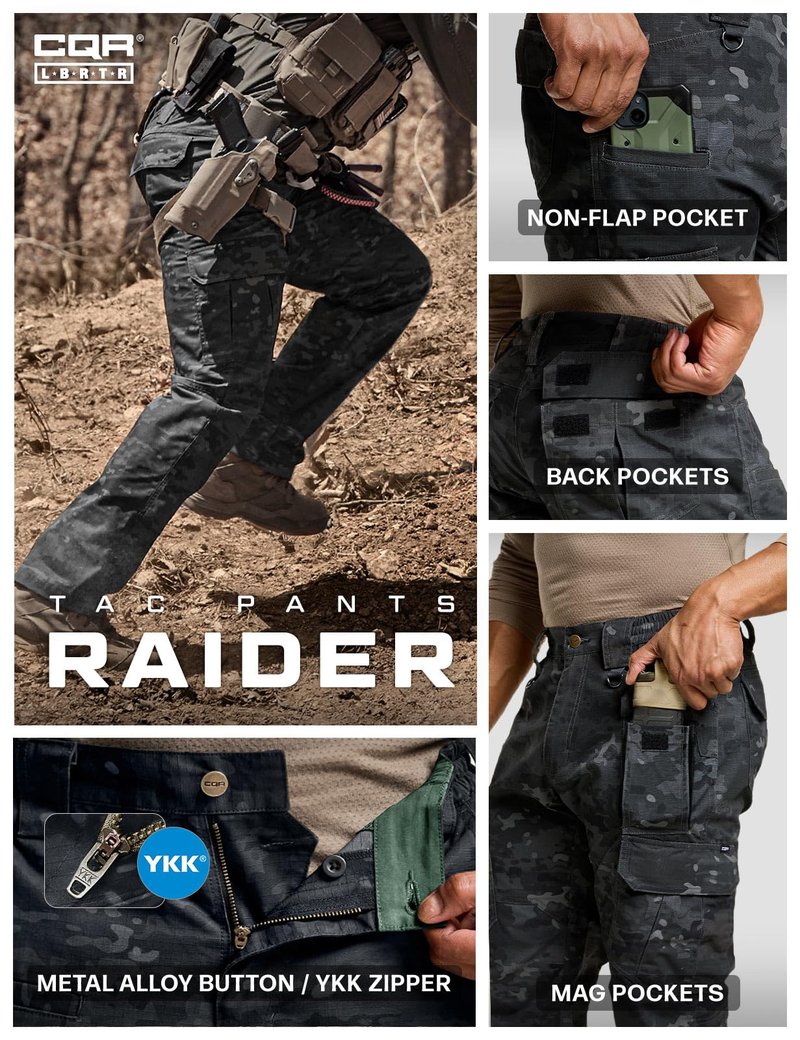 CQR Men's Tactical Pants, Water Resistant Ripstop Cargo Pants, Lightweight EDC Work Hiking Pants, Outdoor Apparel, Duratex Mag Pocket Print Utility Camo Black, 30W x 32L