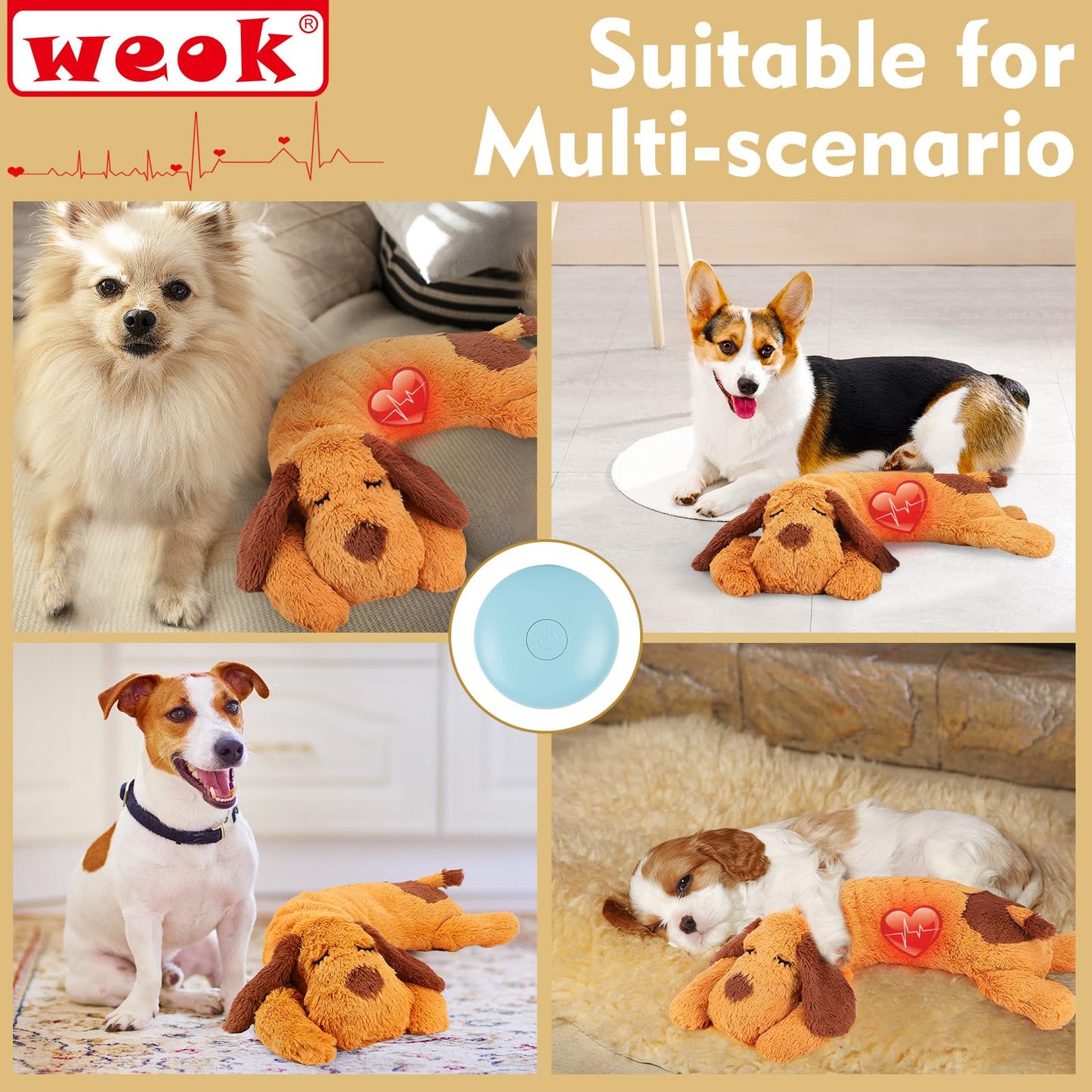WEOK Heartbeat Puppy Toy - Comfort Cuddler Pillow, Dog Anxiety Relief Calming Aid,Heartbeat Stuffed Toy for Dogs,Puppy Sleep Aid, Behavioral Aid, Dog Plush Toy with Heartbeat for Dogs Cats Pets