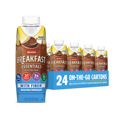Carnation Breakfast Essentials Ready to Drink with Fiber, Rich Milk Chocolate, 8 FL OZ Carton (Pack of 24)