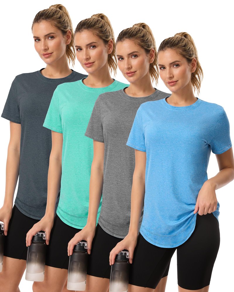 4 Pack Womens Workout Tops Short Sleeve Shirts Sun Protection UPF 50+ Quick Dry Running Outfits for Gym Hiking Loose Fit XL