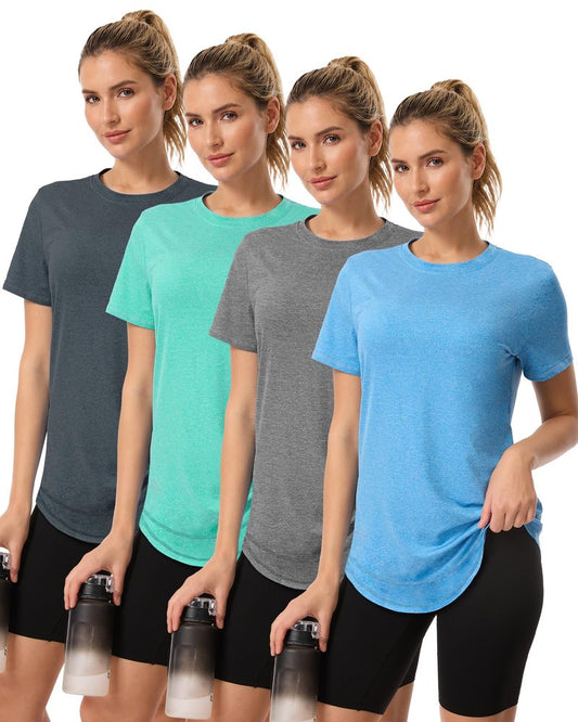 4 Pack Womens Workout Tops Short Sleeve Shirts Sun Protection UPF 50+ Quick Dry Running Outfits for Gym Hiking Loose Fit XL