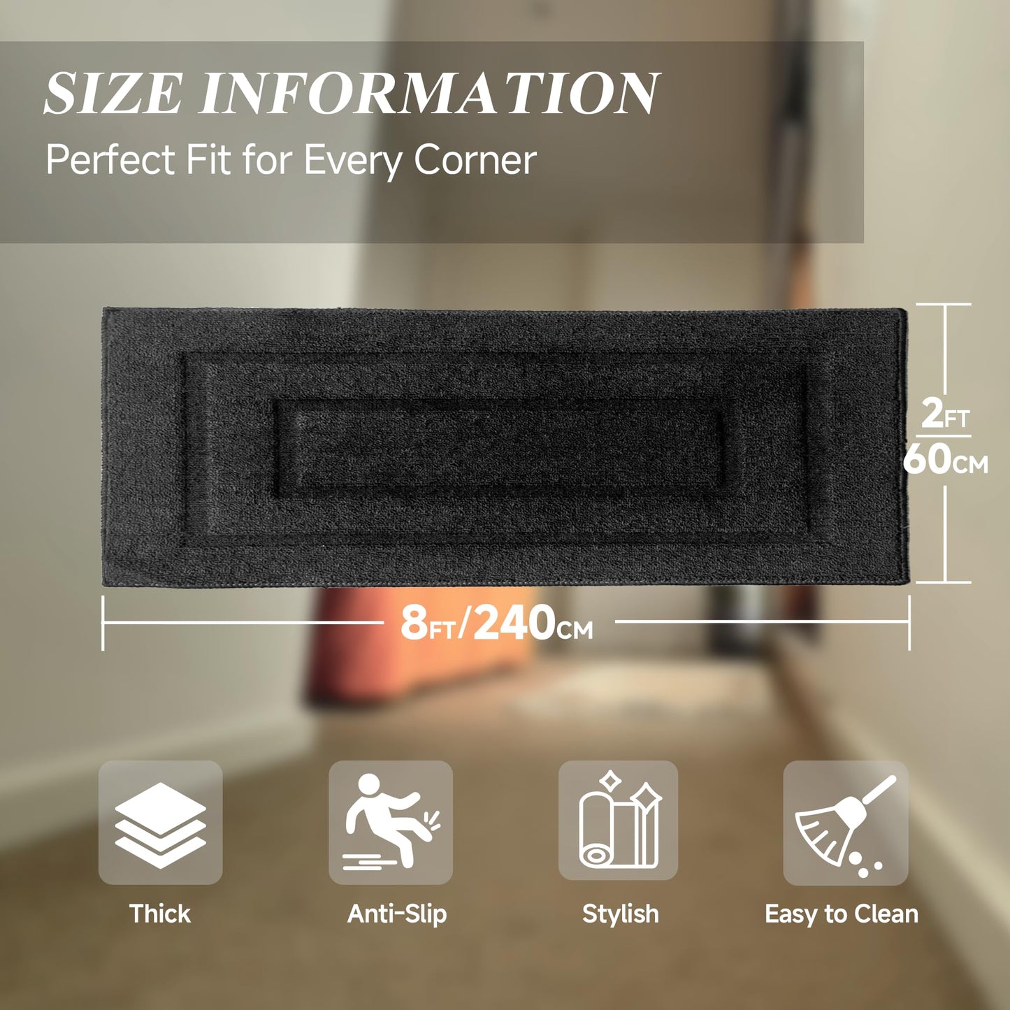 2'7" x 8' Washable Runner Rug for Hallway, Non Slip Low-Pile Kitchen Rug, Durable Soft Floor Carpet Runners for Entryway, Bedroom, Bathroom, Laundry Room, Solid Black 2' x 8' 2 x 8 ft