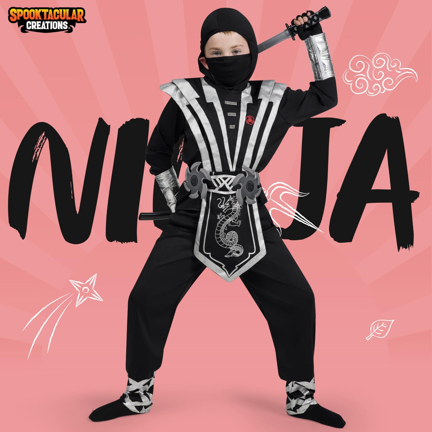 Spooktacular Creations Halloween Ninja Costume for Kids, Silver Boys Ninja Costume, Toddler Accessories Outfit Set for Dress Up and Cosplay Party, S