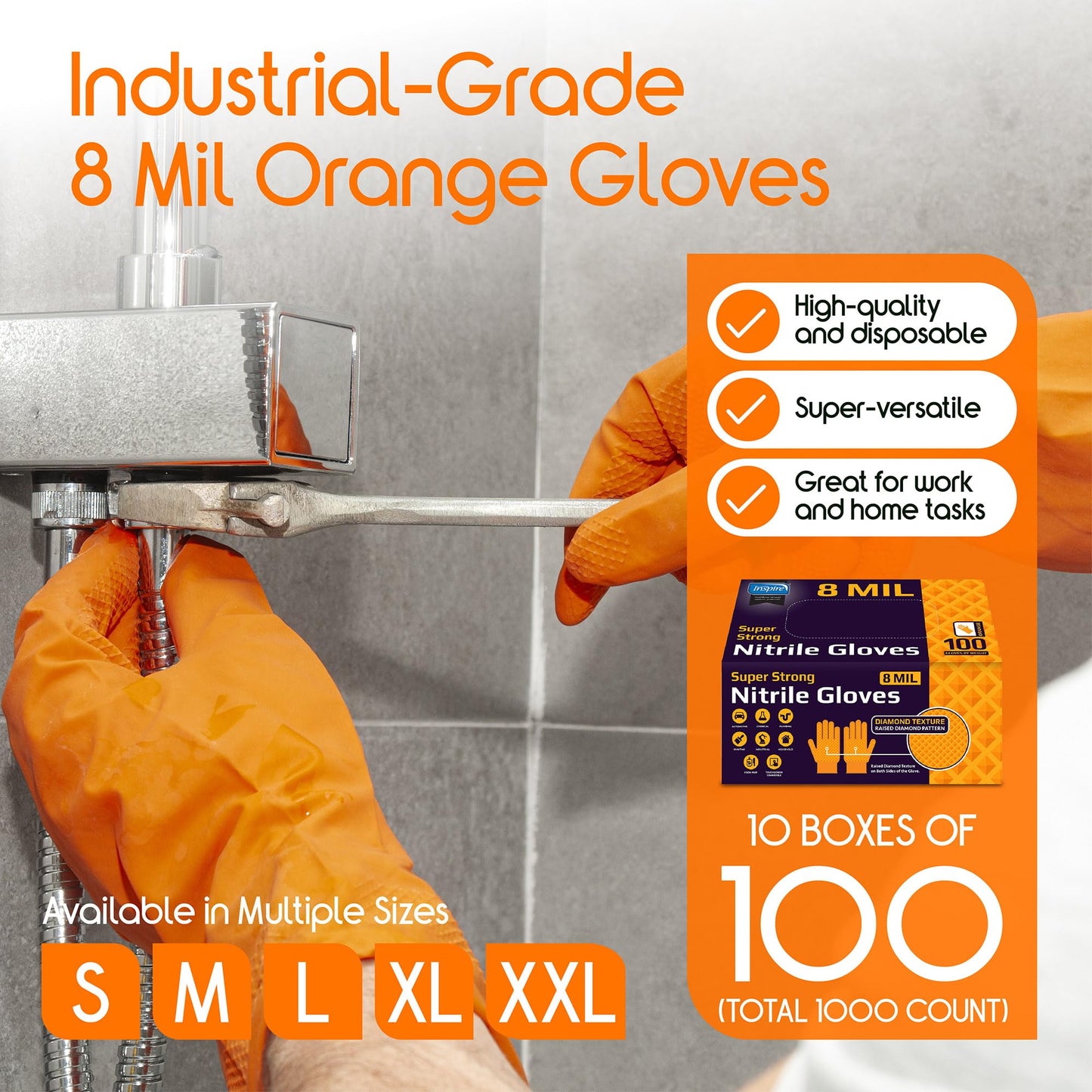 Inspire Heavy Duty Orange Nitrile Gloves | ULTRA 8 Mil Diamond Textured Grip | Industrial Mechanic Disposable Cleaning Gloves Medium, 1000 Count