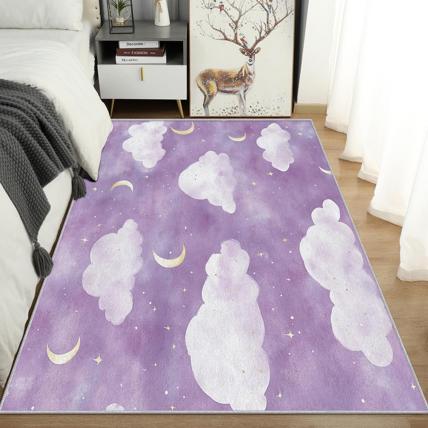 Vzdrahelia Purple Cloud Rug 3x4,Moon Star Area Rug Washable,Kids Girls Rugs for Living Room, Bedroom,Cloud Pattern Carpet Home Decor, Non Slip