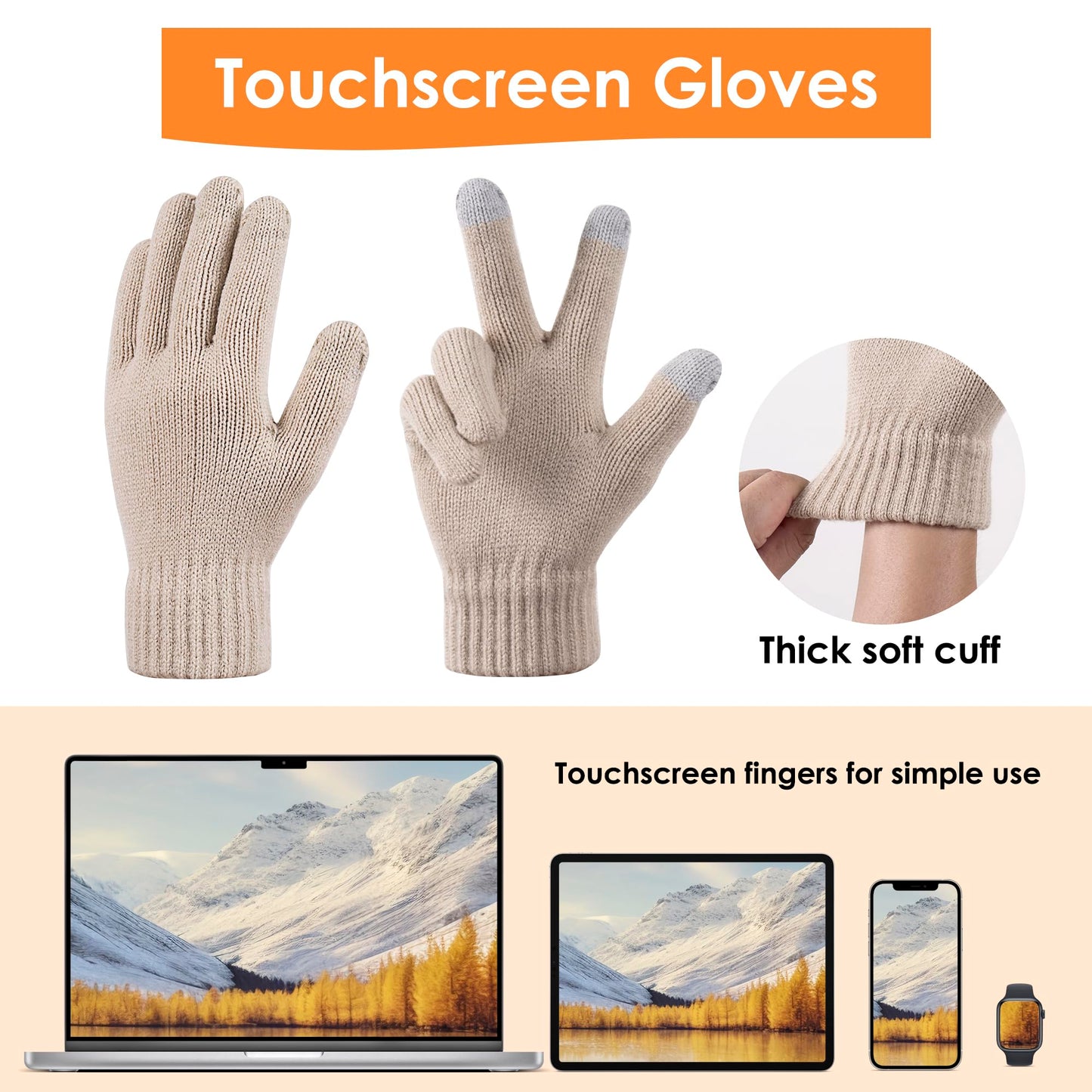Winter Beanie Hat Gloves Set for Women, Pom Pom Fleece Lined Hat Knit Touchscreen Gloves