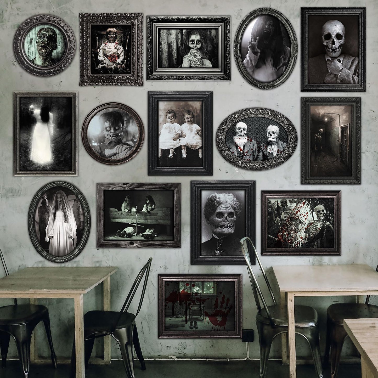 Benjia 15 Halloween Gothic Creepy Skull Photos Haunted Horror Picture Frame, Waterproof Durable, with 80pcs Self Adhesive Dots，Creepy Photo Decoration For Haunted Family Castle Masquerade Party Black