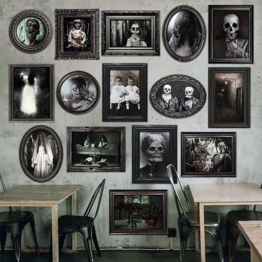 Benjia 15 Halloween Gothic Creepy Skull Photos Haunted Horror Picture Frame, Waterproof Durable, with 80pcs Self Adhesive Dots，Creepy Photo Decoration For Haunted Family Castle Masquerade Party Black