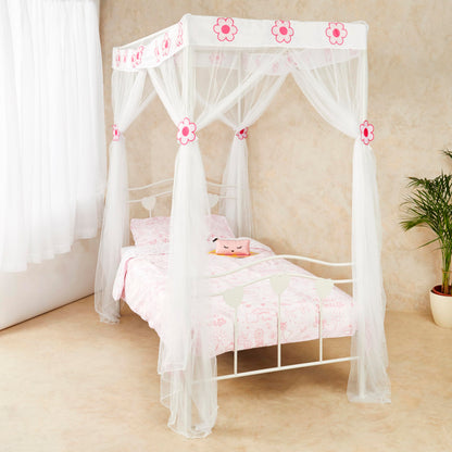 Wremedies for easier living Girls Princess Bed Canopy 4 Poster Style Bed Netting with Flowers Twin Bed Mosquito Easy Installation Net Box Set (White)