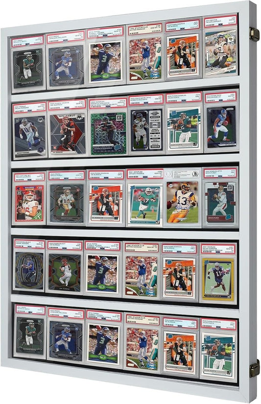 Wooden Sports Card Display Case - Lockable Plexiglass Frame with UV Protection | Holds 35 Graded Football, Baseball & Basketball Cards - White