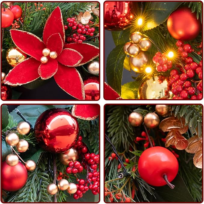 Christmas Wreaths for Front Door- 24 Inch Outdoor Prelit Christmas Door Wreath with Lights, Lighted Xmas Wreath with Poinsettia Flowers,Red Berries,Golden Ball- Home Christmas Decorations