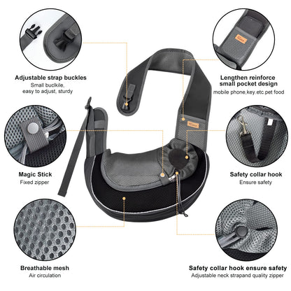 CUBY Pet Sling Carrier for Puppy Dog, Dogs Sling Carrier Breathable, Safety Front Pocket Pet Sling Carrier, Hands-Free Mesh Bag with Adjustable Shoulder Strap for Outdoor and Travel (Black, S)