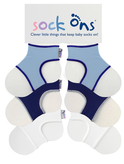 Sock Ons - Baby Sock Holders - 6-12 Months - 3 Pack (1 x Baby Blue, 1 x Navy, 1 x White) - Amazing Value Pack - Keep Baby Socks On!