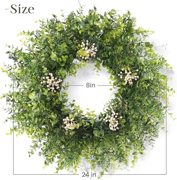 24 Inch Eucalyptus Wreaths for Front Door Decor– Artificial Greenery Front Door Wreath, Outdoor Wreaths for Front Door for Spring, Summer, Fall & All Seasons Home or Porch Decor