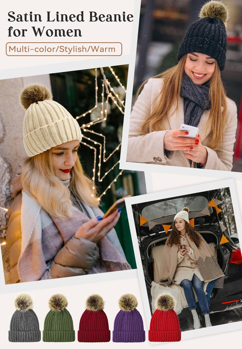 Zando Black Winter Satin Lined Beanie Hats for Women - Cute Pom Pom Beanie, Warm Winter Hat with Hair Protection, Thick Knit Beanies, Fashionable Stocking Cap for Outdoor Travel Daily Wear One Size