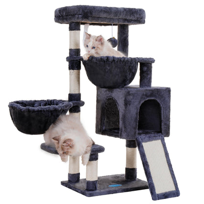 Hey-brother Cat Tree, Cat Tower for Indoor Cats, Cat House with Large Padded Bed, Cozy Condo, Hammocks, Sisal Scratching Posts, Big Scratcher, Smoky Gray MPJ006SG