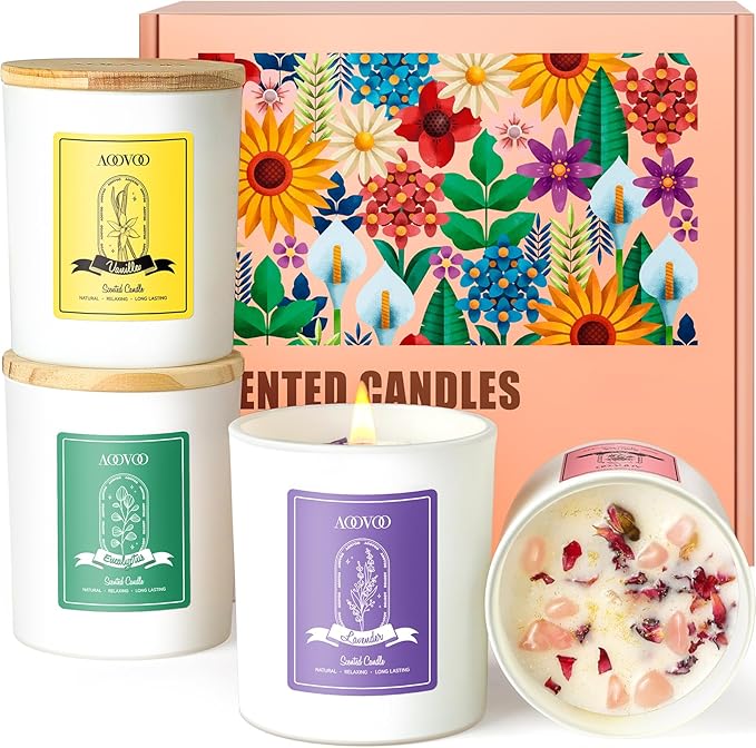 AOOVOO Rose/Vanilla/Eucalyptus/Lavender Scented Candles for Women - Aromatherapy Candle with Crystals Inside, 40oz Soy Candles for Home Scented, Birthday Gifts Christmas Candle for Women Mom