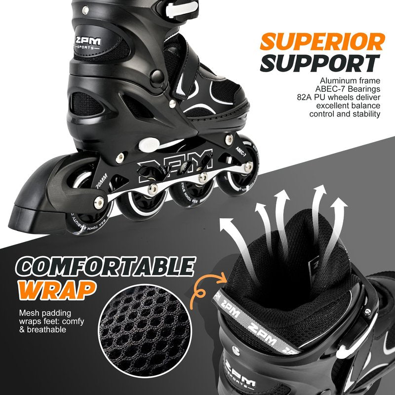 2PM SPORTS Inline Skates for Kids Girls Boys Ages 5-8 8-12 4-6 6-12 with Light Up Wheels, Adjustable Roller Skates Blades for Adults Men Women Male Beginners Youths, Black Large