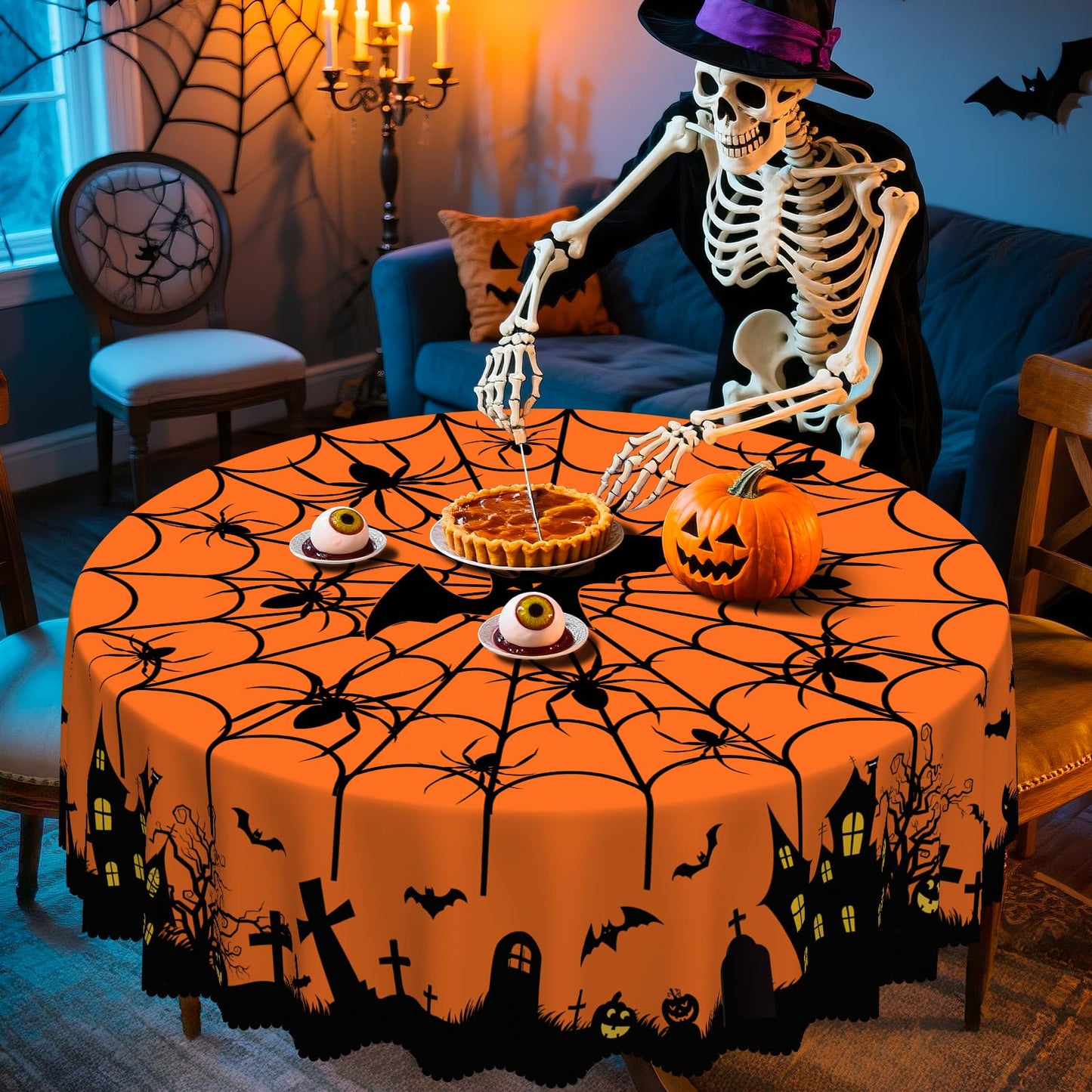 Eikione Round Halloween 60In Tablecloth, Haunted House Decorative Table Cloth, Waterproof and Washable Fabric Table Cover for Party Kitchen Dining Room